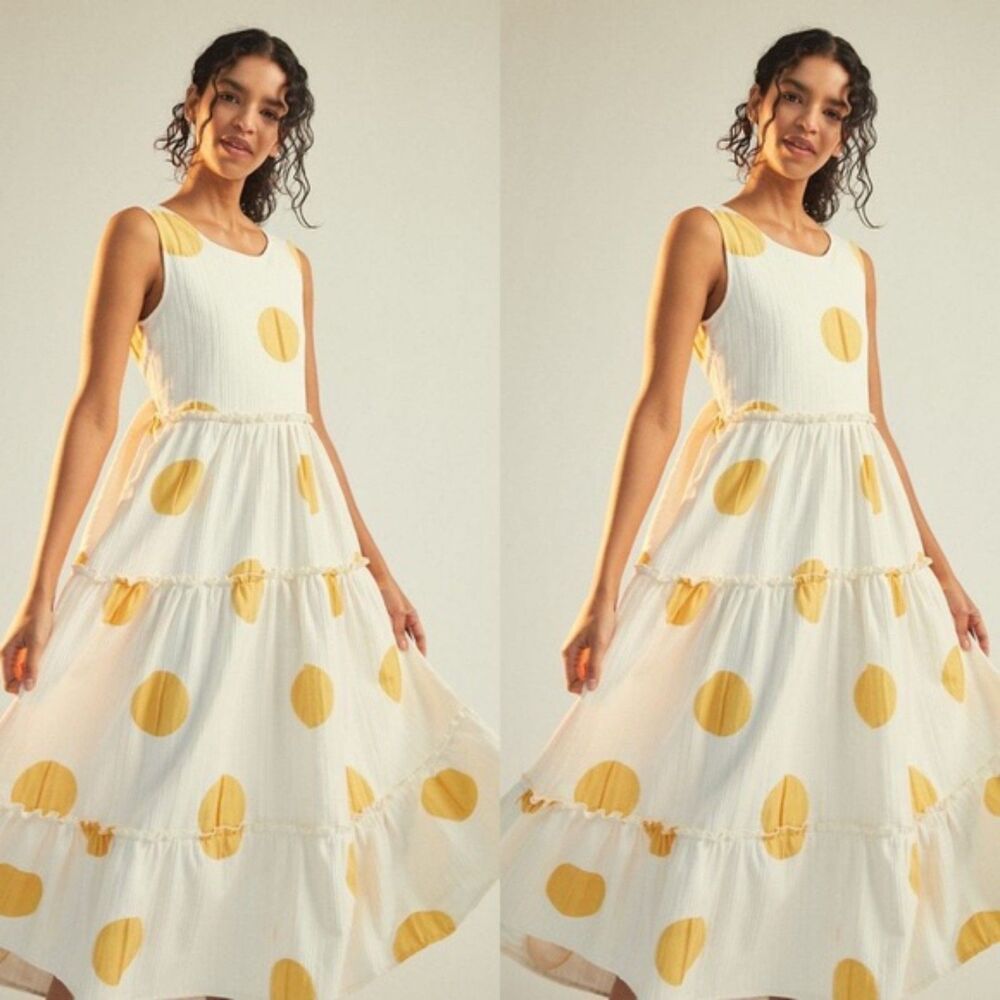 Yellow and White Polka Dot Printed Eva Franco Tiered Maxi Dress (NWT)
